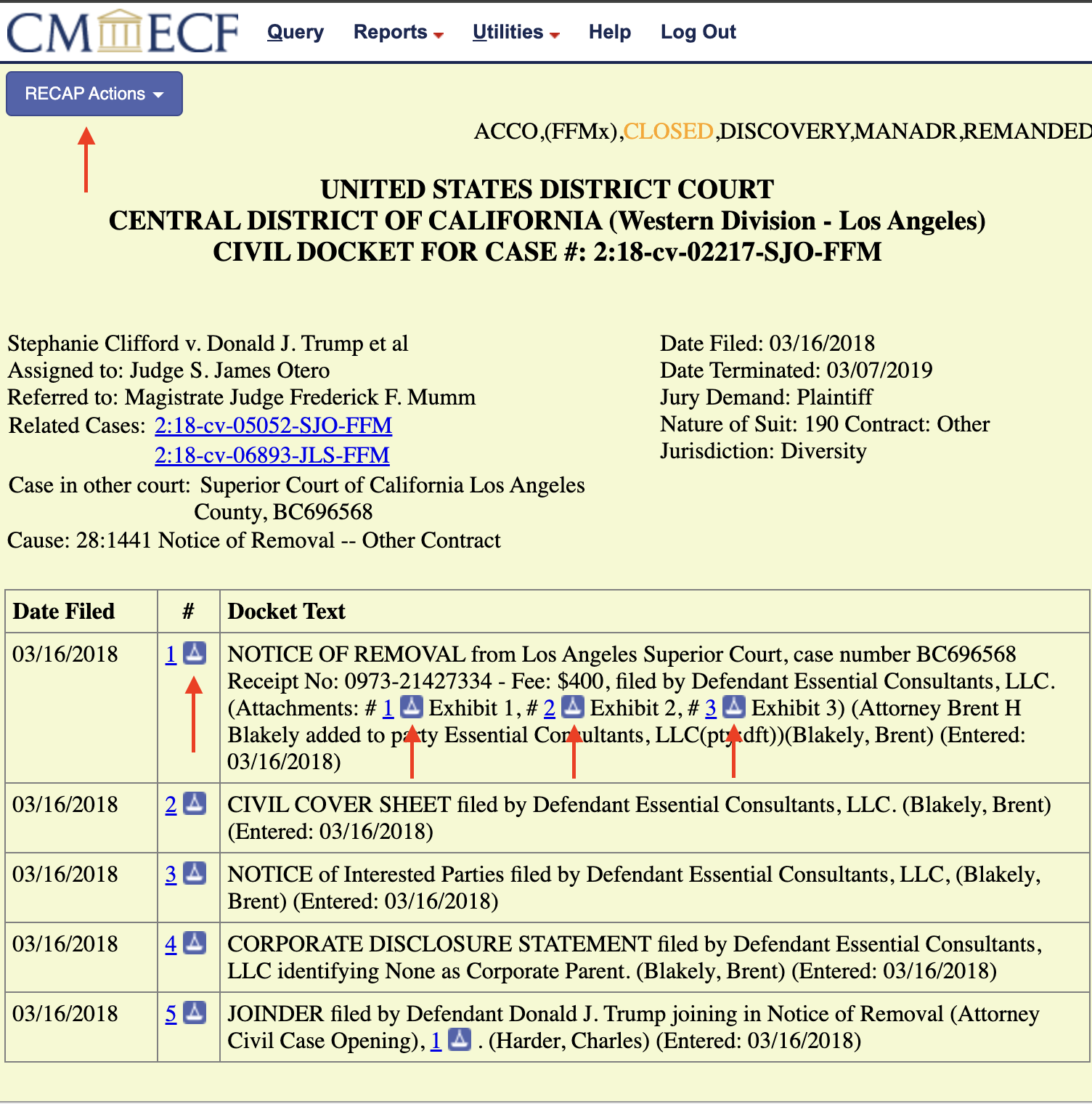 Docket for Stormy Daniels case showing link to RECAP