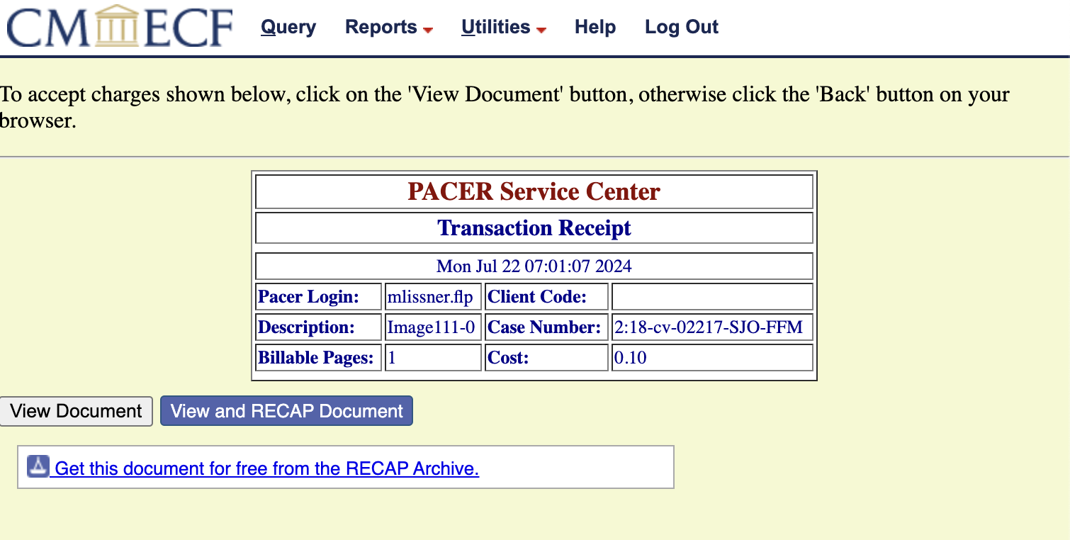 A PACER receipt screen showing two buttons.